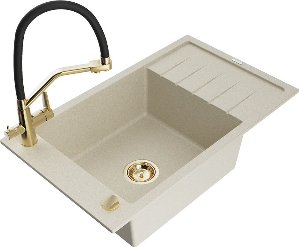 Mexen Elias 1 Becken-Granitspüle mit Abtropffläche und Mischbatterie Duo, Beige - 6511-69-671701-57-G