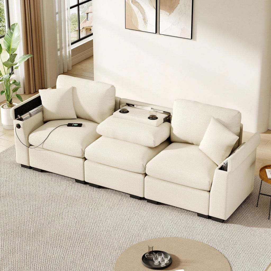 Modernes Dreisitzer-Sofa aus 80% Chenille, Stoffsofa mit Kissen, Klapptisch und USB-Anschluss, Getränkehalter und Stauraum, ein multifunktionales ...