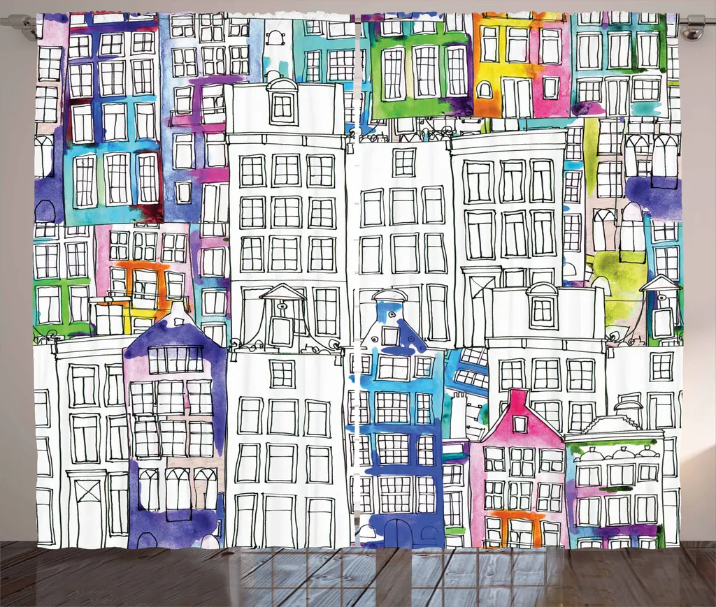 ABAKUHAUS Amsterdam Tenda rustica, acquerello case, soggiorno Nastro universale Tende con passanti e ganci, 280 x 175 cm, multicolore