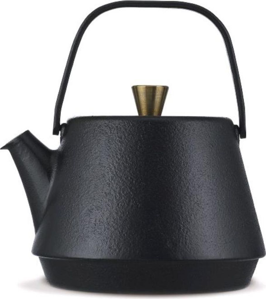 A black cast iron teapot with a gold lid knob and a black handle, shown against a white background.