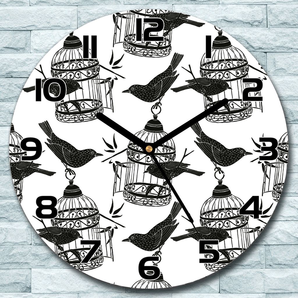 Wanduhr aus Glas Rund fi 30 Vogelkäfig und Vögel Quarz Deko Wohnzimmer Büro