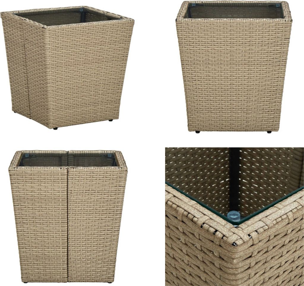vidaXL Beistelltisch Beige 41,5x41,5x44 cm Poly Rattan und Hartglas - Beistelltisch - Beistelltische - Couchtisch - Couchtische
