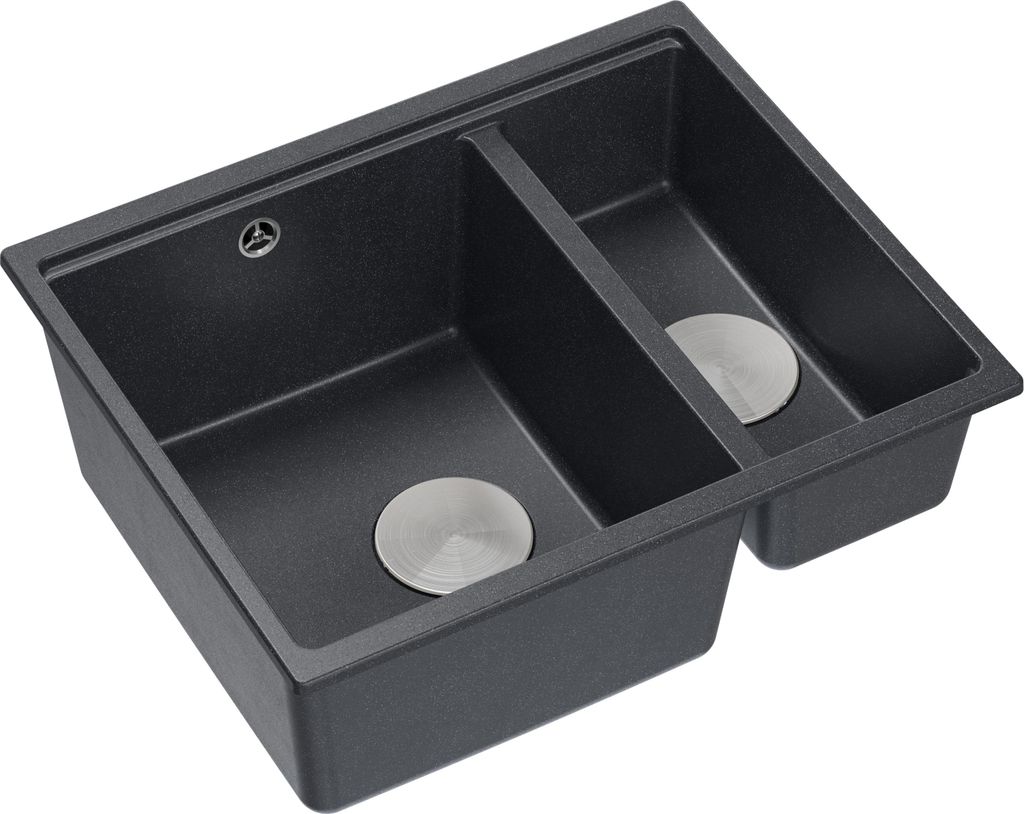 QUADRON Spülbecken 1,5-Becken Spüle | Größe: 55,5 x 46 x 22 cm | LOGAN 150 | Unterbauspüle Granitspüle aus GraniteQ mit Siphon | Schwarz + Stahl