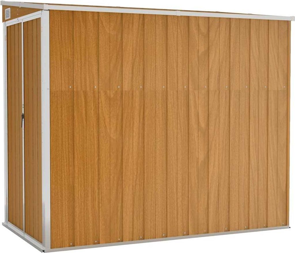 A brown shed with a silver frame, shown from the side and front.