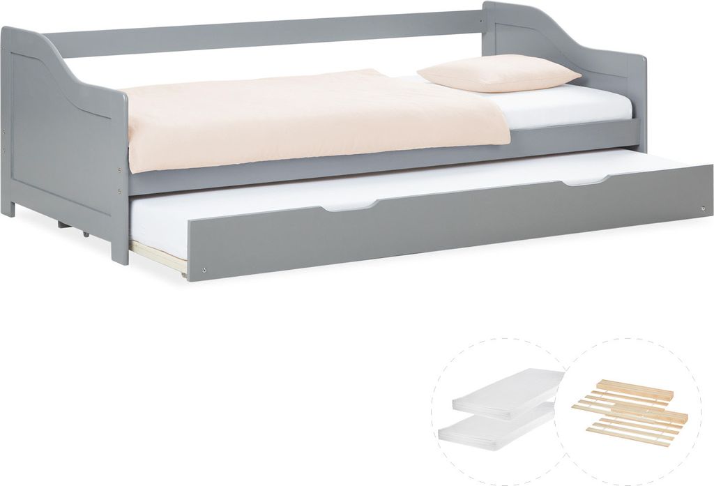 Homestyle4u Tagesbett 90x200 Ausziehbett Grau mit Matratze Produktbild 