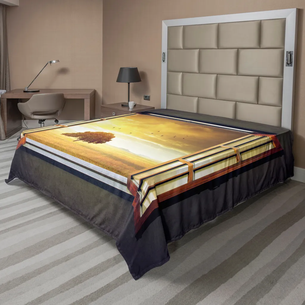 ABAKUHAUS Lenzuolo primaverile, una finestra aperta su un paesaggio primaverile soleggiato con uccellini, morbido e confortevole lenzuolo superiore per un letto decorativo 1 pezzo 266 cm x 260 cm, grigio marigold marrone