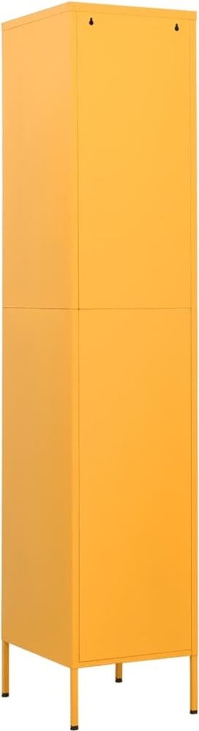 A tall, narrow, yellow cabinet with a seam down the middle, standing on four legs.
