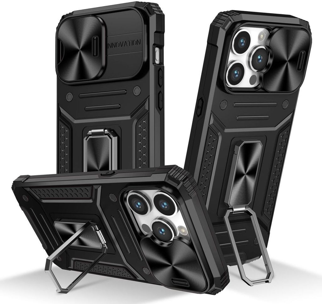 Three black iPhone cases are displayed at different angles on a white background.