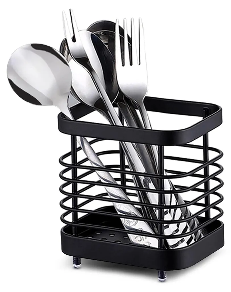 Porte-couverts en acier inox noir inoxydable avec panier de drainage S