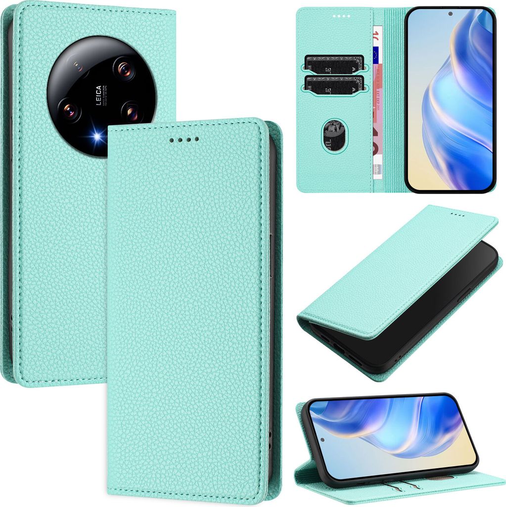Litchi Leder Handyhülle für Xiaomi 13 Ultra Wallet Kartenfächer Standfunktion Hülle Türkis