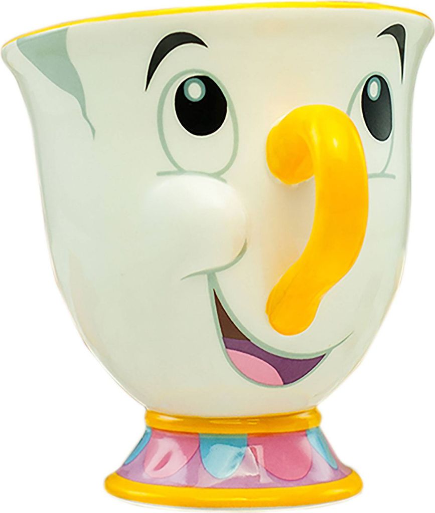 A close-up of a Chip mug from Beauty and the Beast.