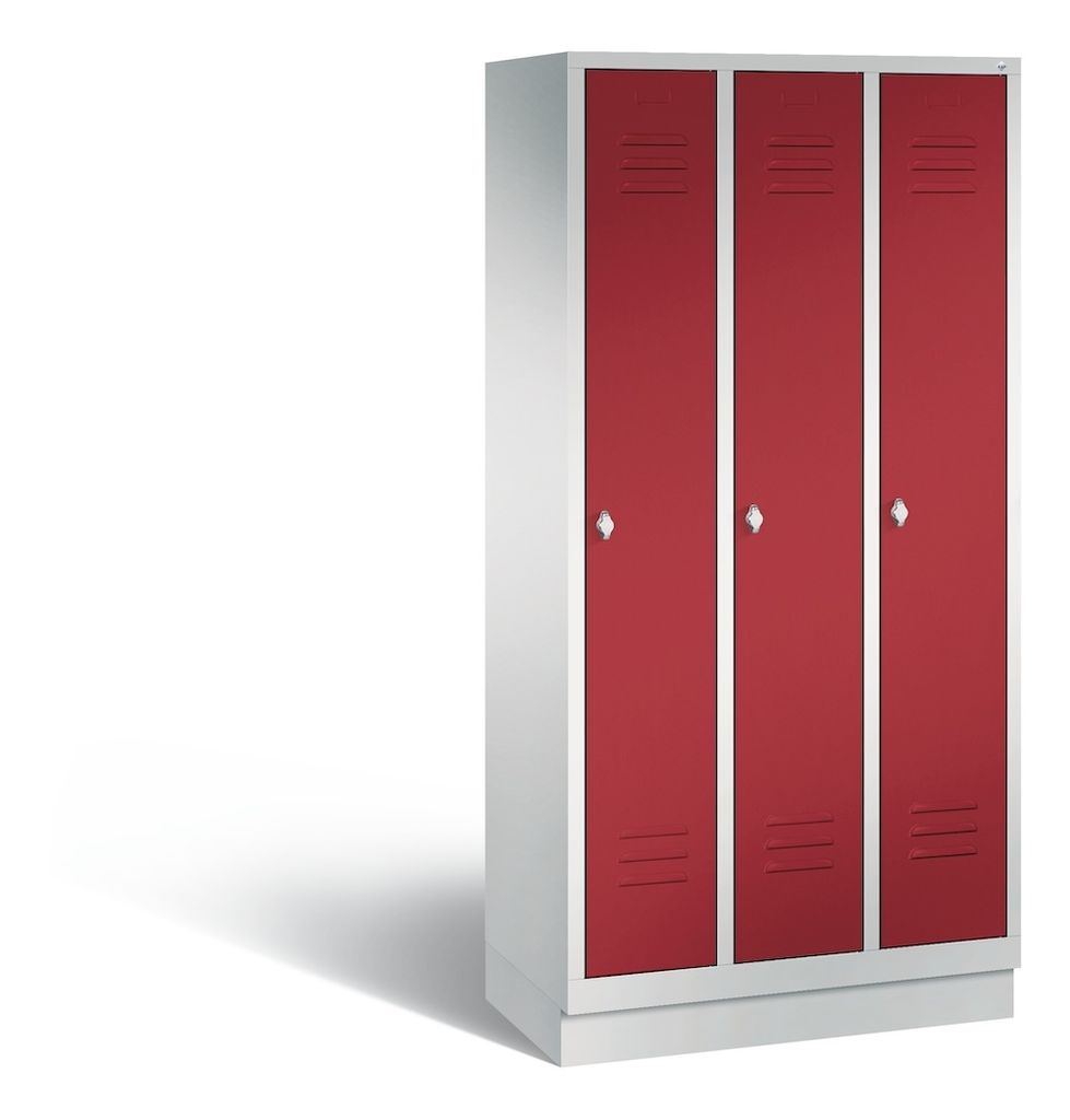 Garderobenschrank, einzeln verschließ. Abteil, BxTxH 900x500x1800 mm, 3 Abteile, B 300 mm, Sockel, Drehriegel, RAL 7035/3003