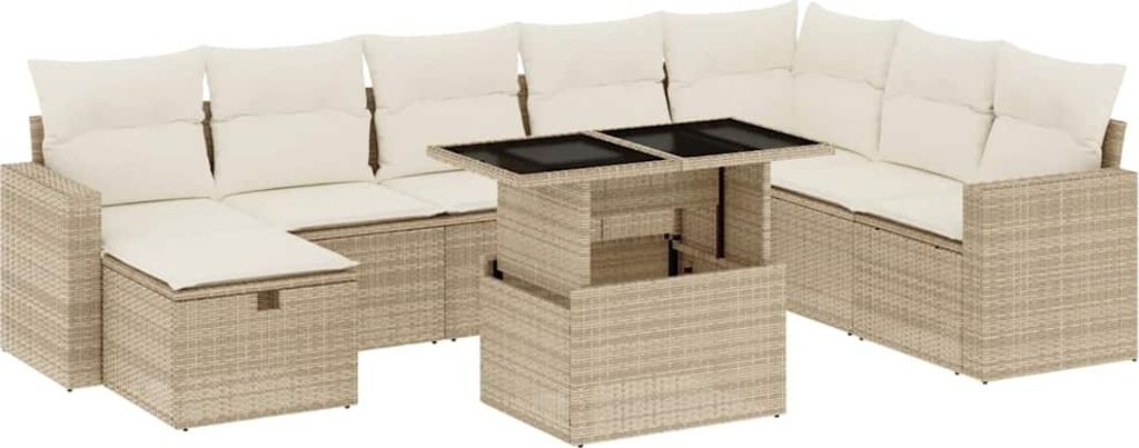 9-tlg. Garten-Sofagarnitur mit Kissen Beige Poly Rattan