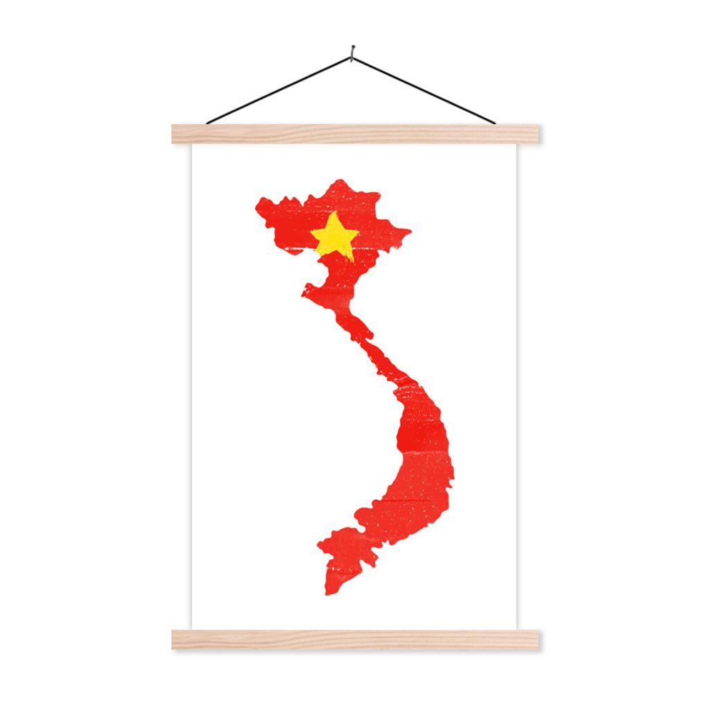 MuchoWow Textilposter Karte mit Flagge Vietnam 60x90 cm mit holzfarbenen Rahmen - Textil