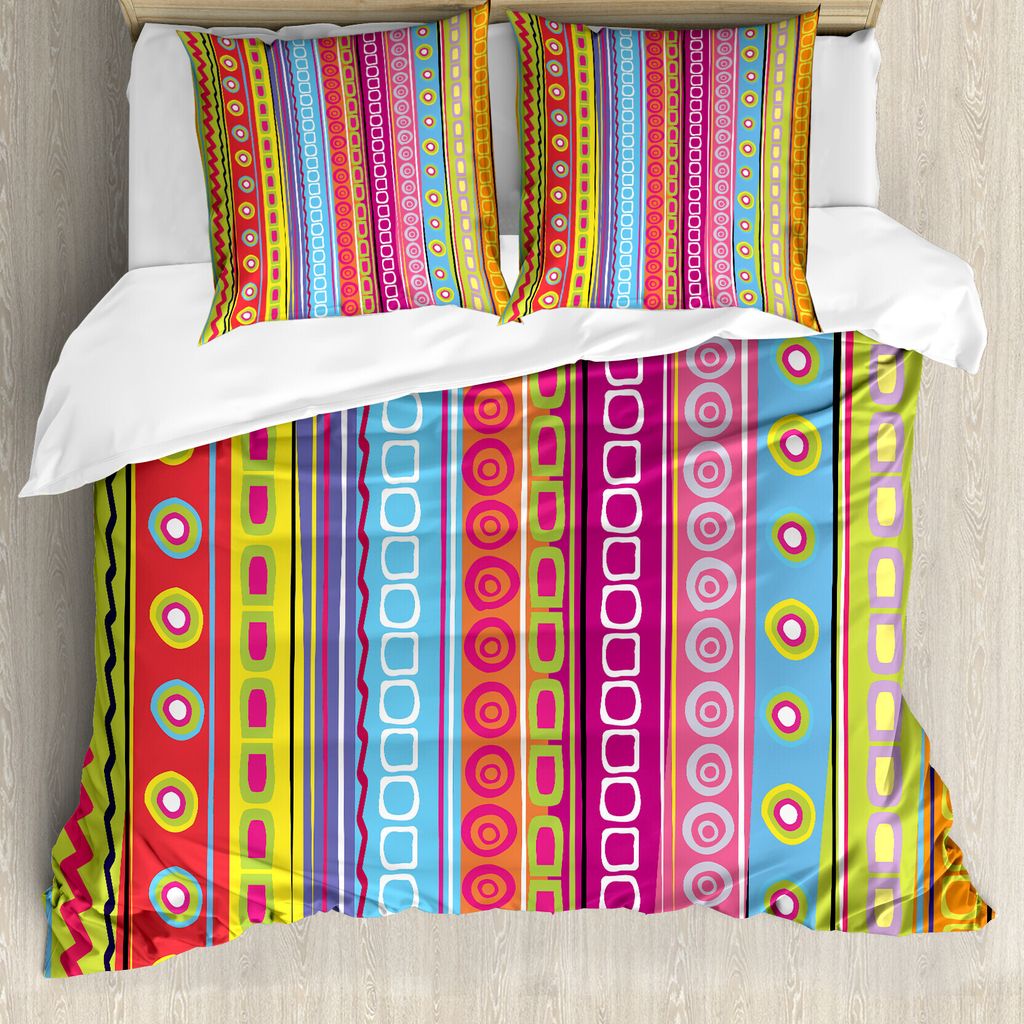 ABAKUHAUS Gestreift Bettbezugs Set Für Doppelbetten, 90er Jahre Ethno Kunst, Milbensicher Allergiker geeignet mit Kissenbezügen, Mehrfarbig