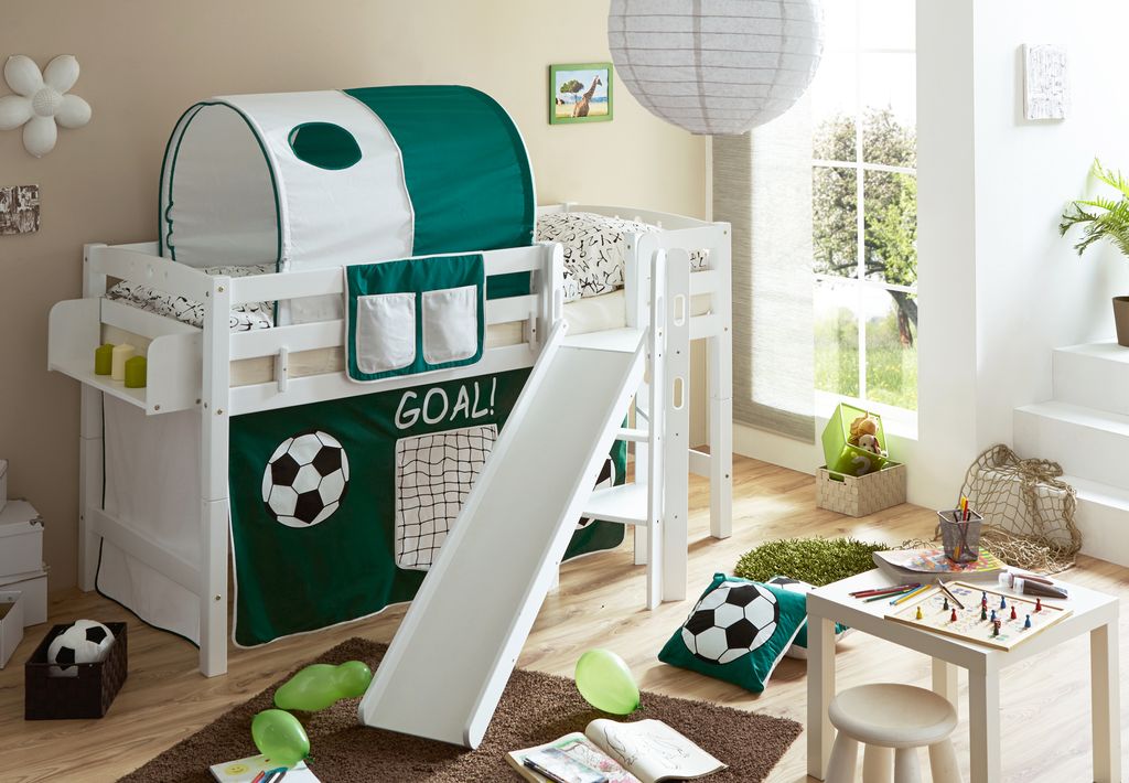 Hochbett mit Rutsche Podestbett Tino Buche massiv Weiss teilbar, Vorhangstoff:Goal