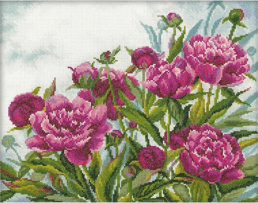 Kit Broderie Pivoines RTO M272 Point Compté Toile Aida 34x27 cm