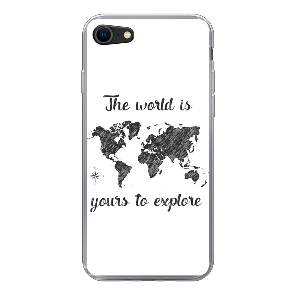 MuchoWow Handyhülle Schutzhülle Hülle für iPhone SE 2020 Weltkarte - Schwarz - Sprichwörter Silikon Softcase Handy Hülle - Kartenbesitzer