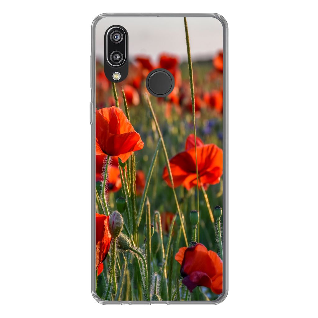 MuchoWow Handyhülle Schutzhülle Hülle für Huawei P20 Lite (2020) Blumen - Mohnblumen - Natur - Rot Silikon Softcase Handy Hülle - Kartenhalter