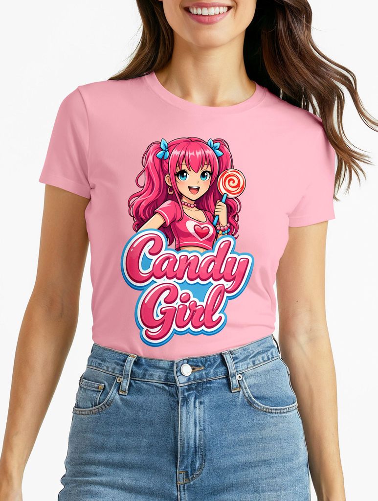 Damen T-Shirt - Candygirl Manga Cartoon - Fasching Karneval Ersatz Verkleidung Last Minute Kostüm Funshirt Moonworks