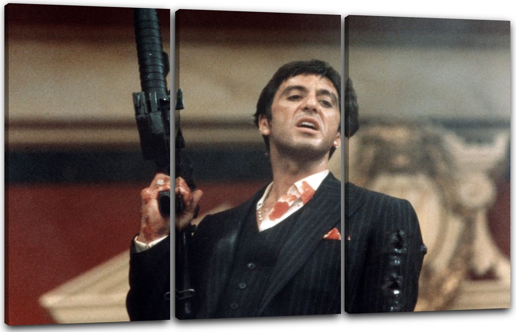 Leinwandbild 3-teilig (120x80cm): Filmplakat Filmmotiv Scarface Tony Montana mit Vollautomatik, echter Holz-Keilrahmen inkl. Aufhänger, handgefert...