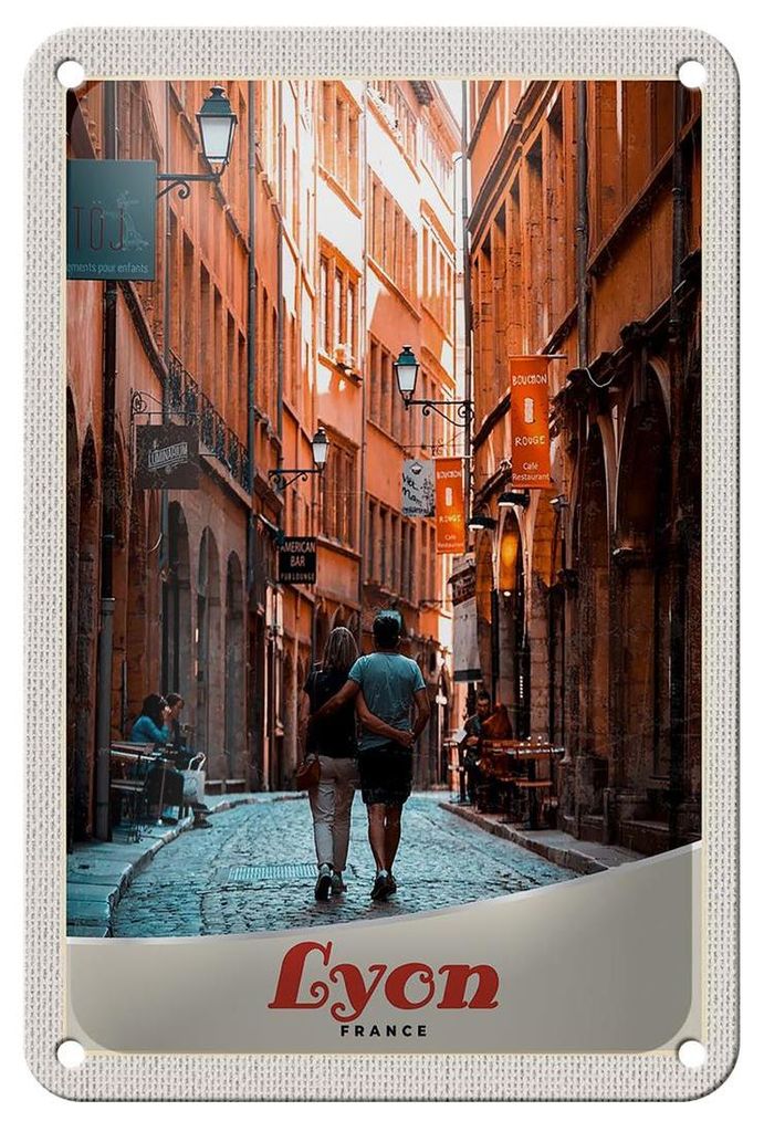 Blechschild Reise 12x18cm Lyon Frankreich Paar Altstadt Urlaub Schild