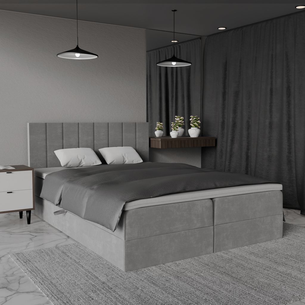 QLA Möbel Boxspringbett Bergamo 160x200 mit 2 Bettkästen, Doppelbett mit Matratze und Topper, Polsterbett, Bett. Farbe Grau