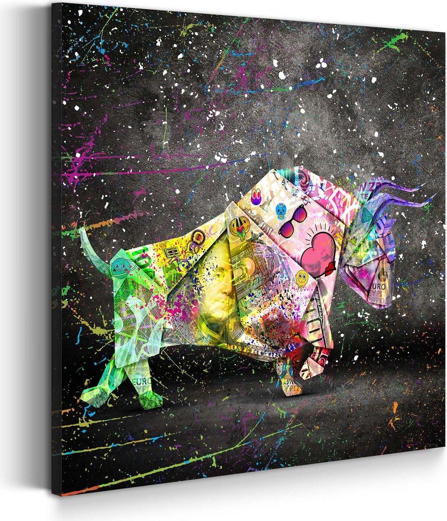 Leinwandbild Wandbild Geldschein Stier Graffiti Kunstdruck XXL Wanddeko: 60x60x2cm