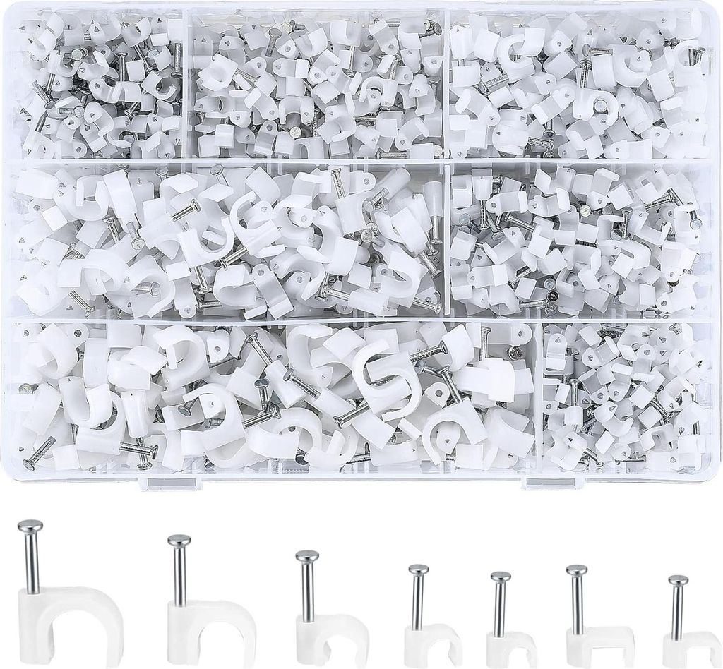 700 Stk Kabelschellen Nagelschellen, Kabelklemmen mit Nagel, Runde/Quadrat Kabelclips Weiß, Kabelhalter Kabelschellen Befestigungen Wand für Netz...