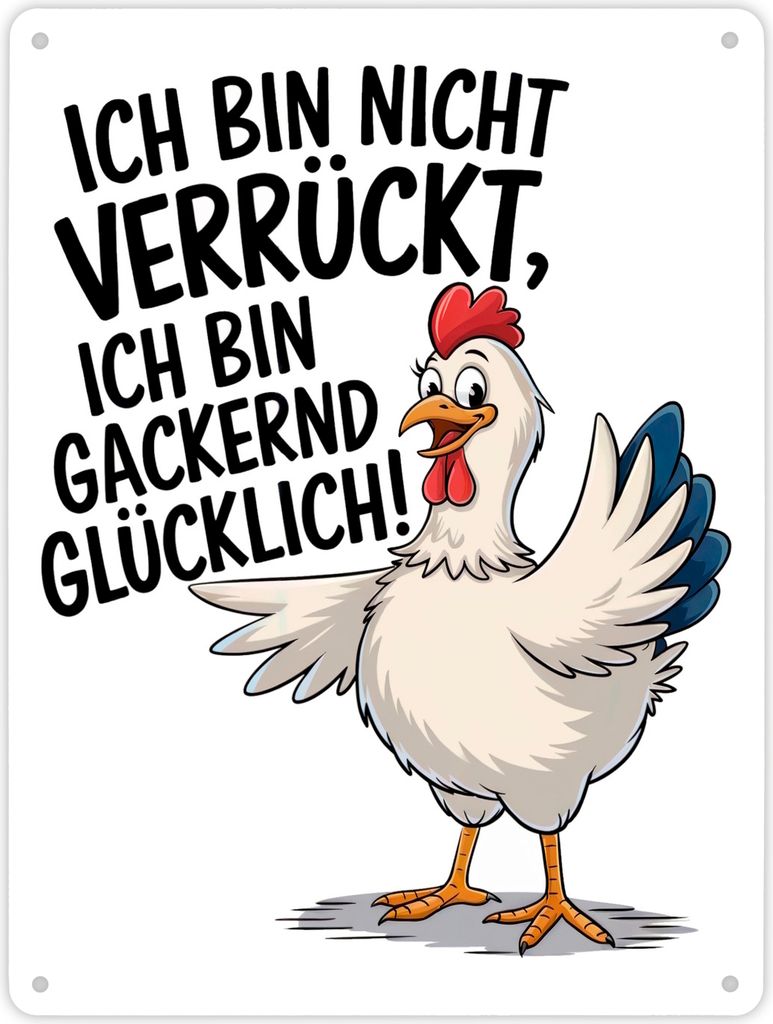 Fröhliches Huhn Gackernd Glücklich Metallschild XL in 21x28 cm