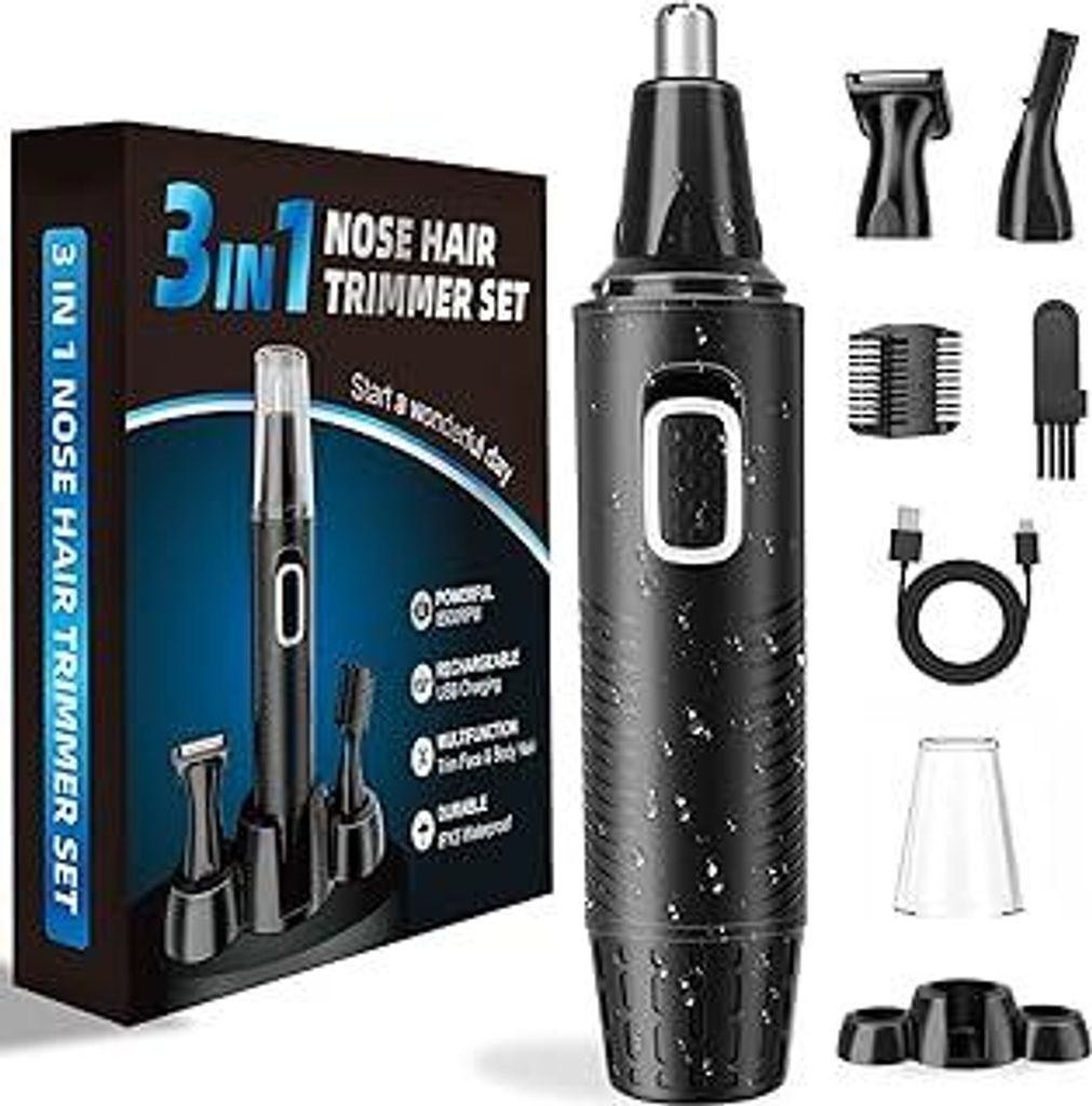 Nasenhaartrimmer, USB Wiederaufladbar Nasenhaarschneider 3 in 1 Set Ohrhaarschneider mit Doppelschneideklingen, Professioneller schmerzfreier Augen...