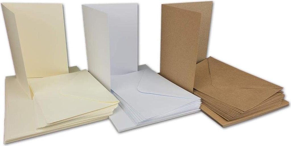 Kraftpapier Set mit Umschlägen aus recyceltem Papier - natürlich braun - 3 x 25 Sets weiß, crème - DIN lang und quadratisch - A6/C6 Format.