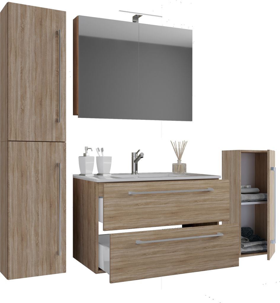5 stuks Set | 1 wastafel met twee lades, 1 spiegelkast, 1 Productafbeelding 