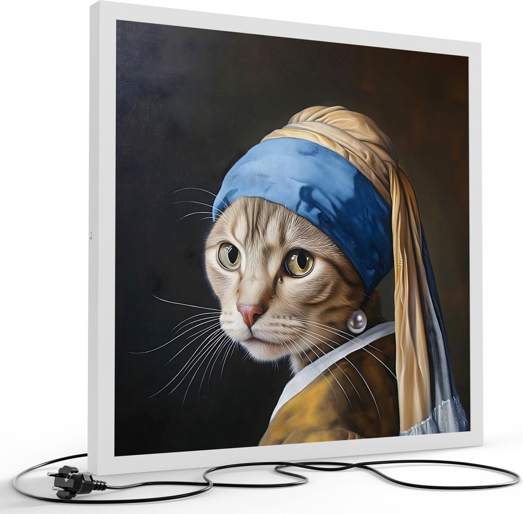 DEQORI LED-Bild & Lampe 60x60 cm Weiß 'Mieze mit Perlenohrring' Leuchtbild LED Leuchte