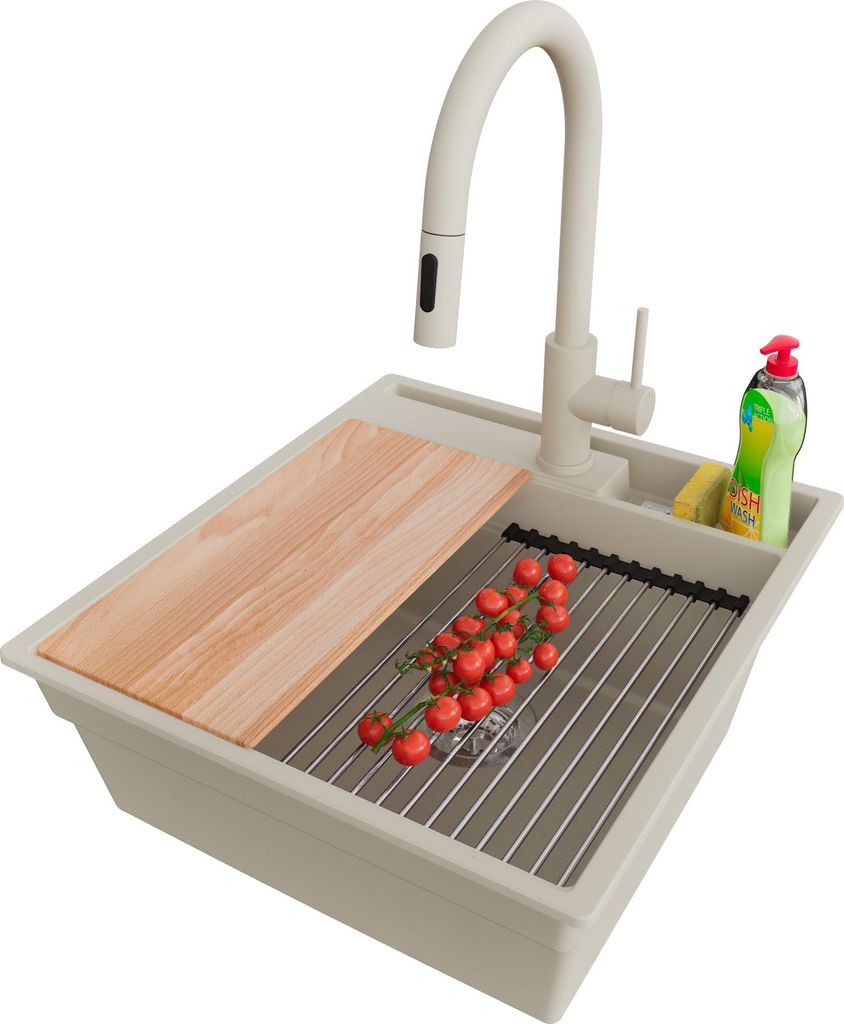 PRIMAGRAN Granitspüle Beige 48x53cm, Spülbecken 1 Becken + Ablauf-Set + Küchenzubehörset, Küchenspüle ab 50er Unterschrank - Oslo Pocket