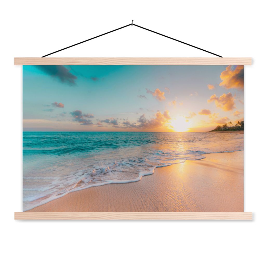 MuchoWow Textilposter Sonnenuntergang - Strand - Meer - Sommer - Blau 120x80 cm mit holzfarbenen Rahmen - Aufhängeset