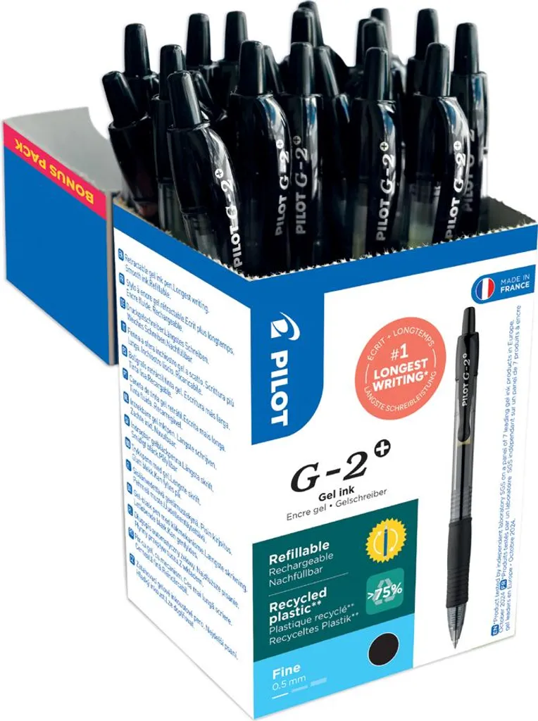 Stylo Roller à Encre Gel Bleu Pilot G-2 Plus Pointe Fine Pack de Bureau - 2