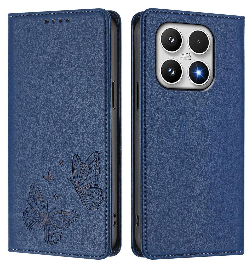 Lederhülle für Xiaomi 17, Schmetterling Prägung Leder Brieftasche Schutzhülle mit Ständer Dunkelblau