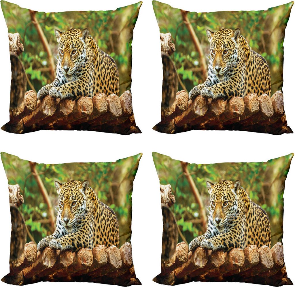 ABAKUHAUS Zoo Kissenbezug Set (4 Stück), Jaguar auf Holz Wilde Feline, Moderner Doppelseitiger Digitaldruck, 50 cm x 50 cm, Grün, Gelb, Braun