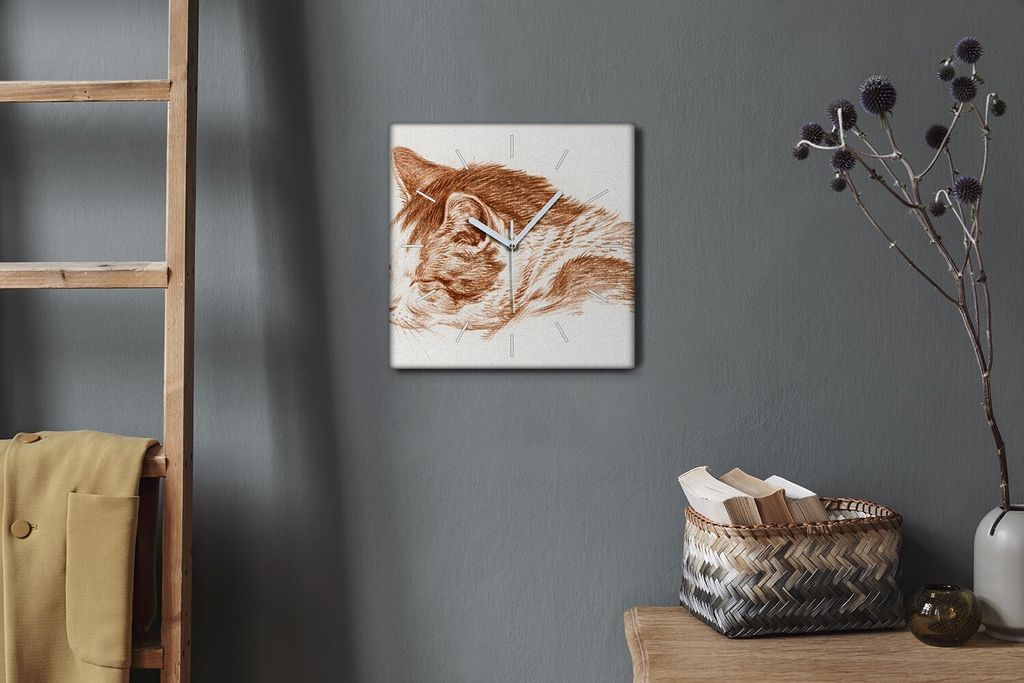 Coloray Hodiny Unikátní 30x30 cm Tiché hodiny Pro obývací pokoj a kuchyň Nástěnné hodiny Plátno Bílé ručičky hodin - Kočka