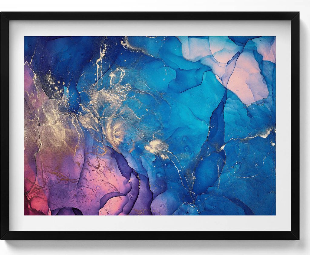 Blaue Abstraktion mit Rosa– Wandbild mit Rahmen – Gerahmtes Bild – Wanddekoration – 80x60 cm – Schwarz Rahmen