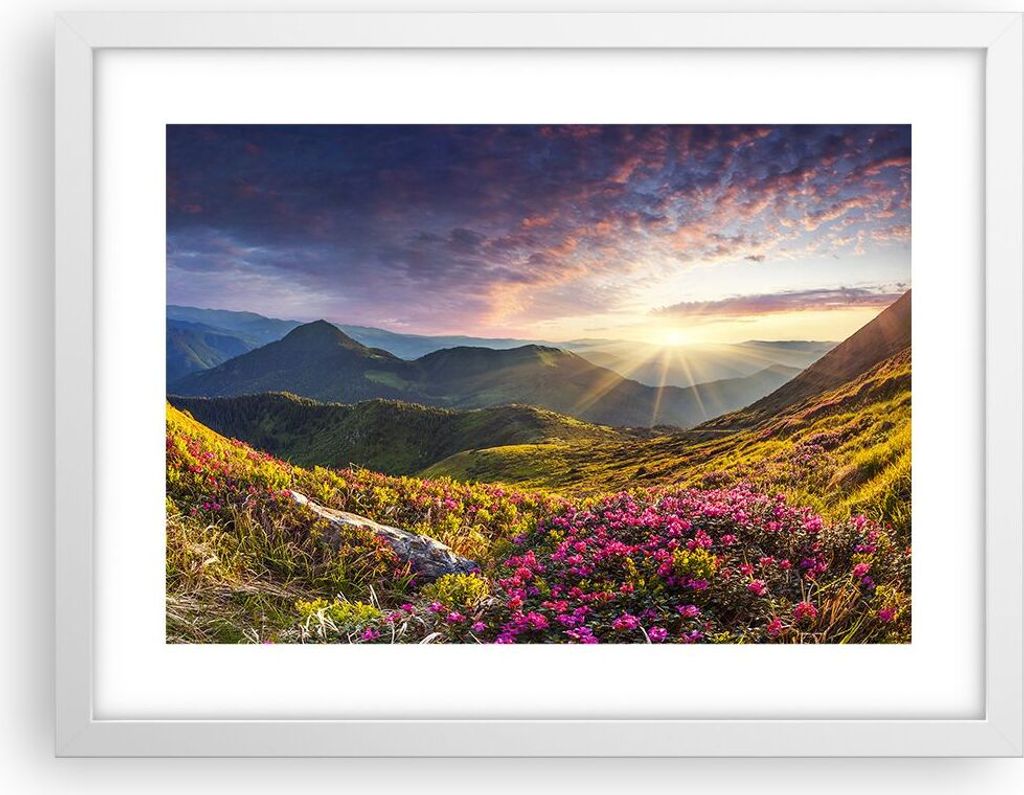 Gerahmtes Poster - Weißer Rahmen - Gebirge Wiese Landschaft Wald - 40x30 cm - Wand Bild - Wanddeko - Wandbilder - Wandposter - Bilderrahmen - Bild...