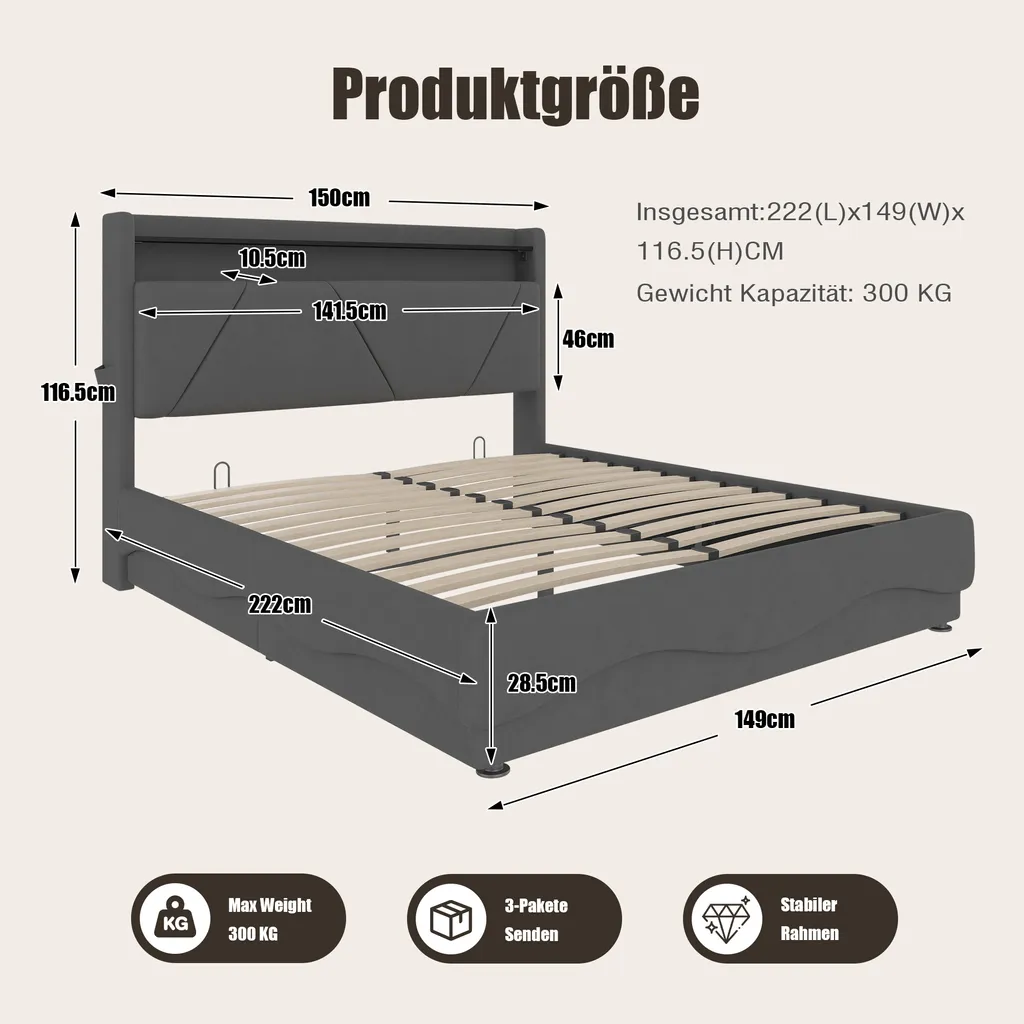 Lit double 140x200 avec coffre de rangement et LED style Boxspring - 6