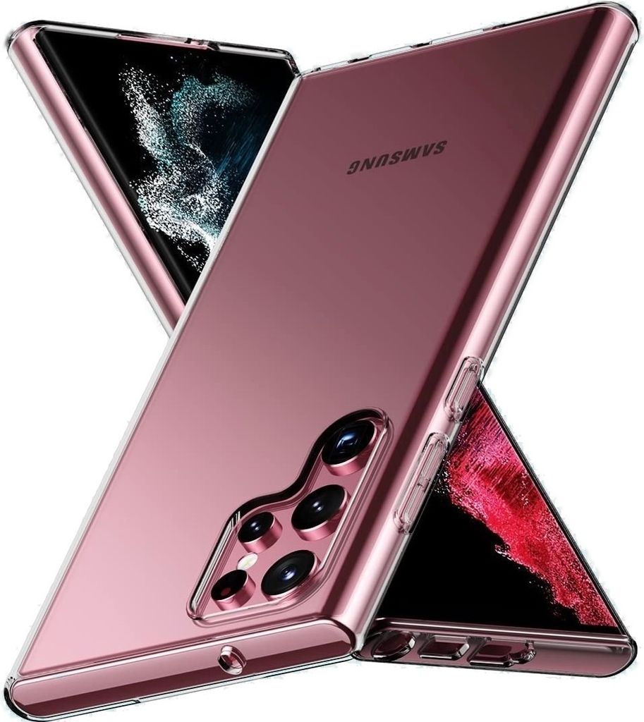 A rose gold Samsung Galaxy S22 Ultra phone in a transparent case, shown from a diagonal angle.
