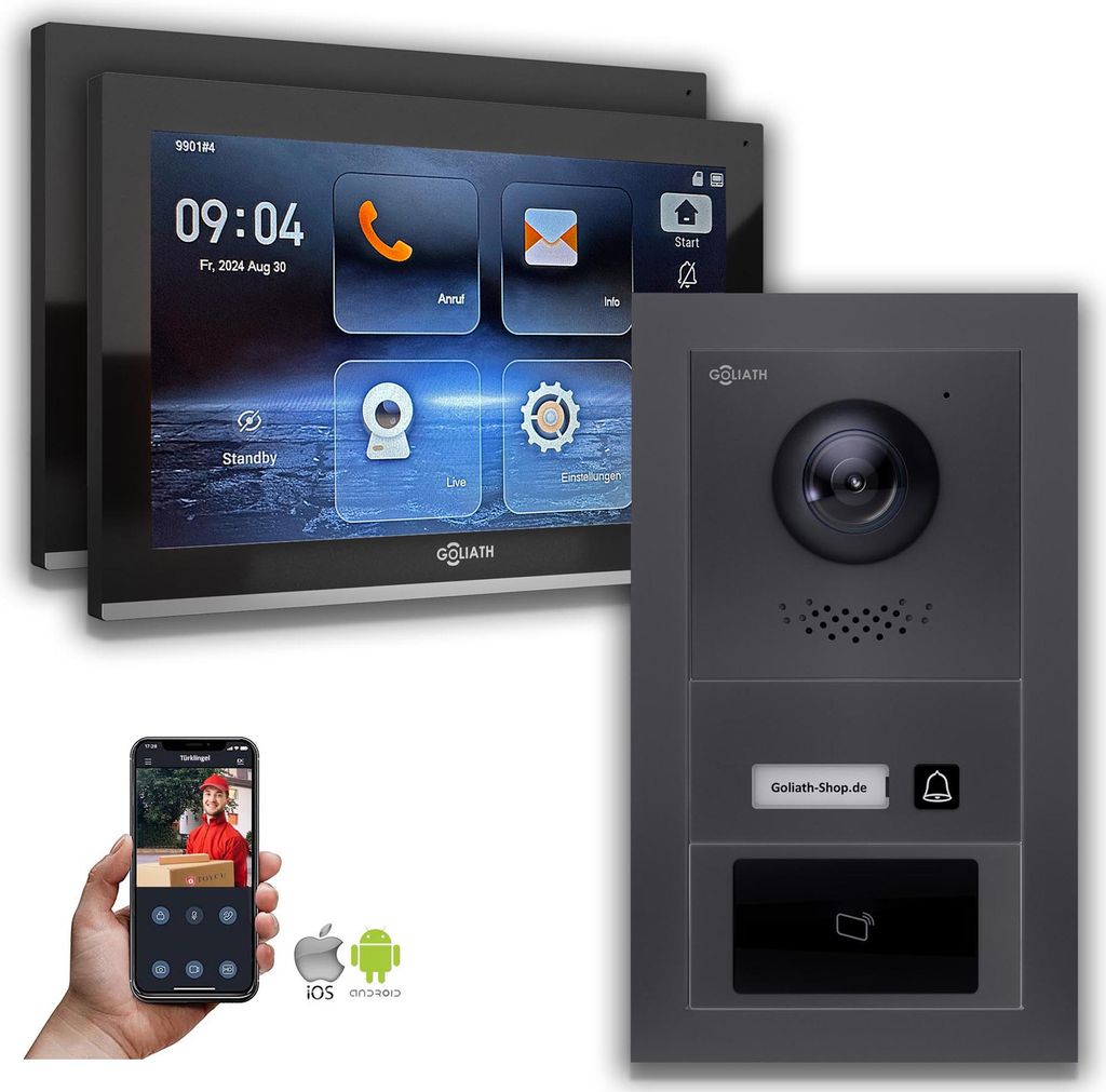 Goliath IP Video Türsprechanlage mit Kamera 10-Zoll RFID Anthrazit : 10 Zoll in Schwarz : Aufputzdose : 2 Monitore Anzahl: 2 Monitore Farbe: 10 Zo...