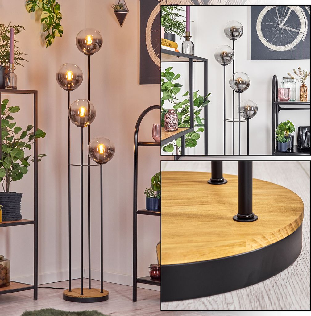 Fossobiubo Stehlampe aus Metall/Holz/Glas in Schwarz/Dunkelbraun/Rauch/Klar