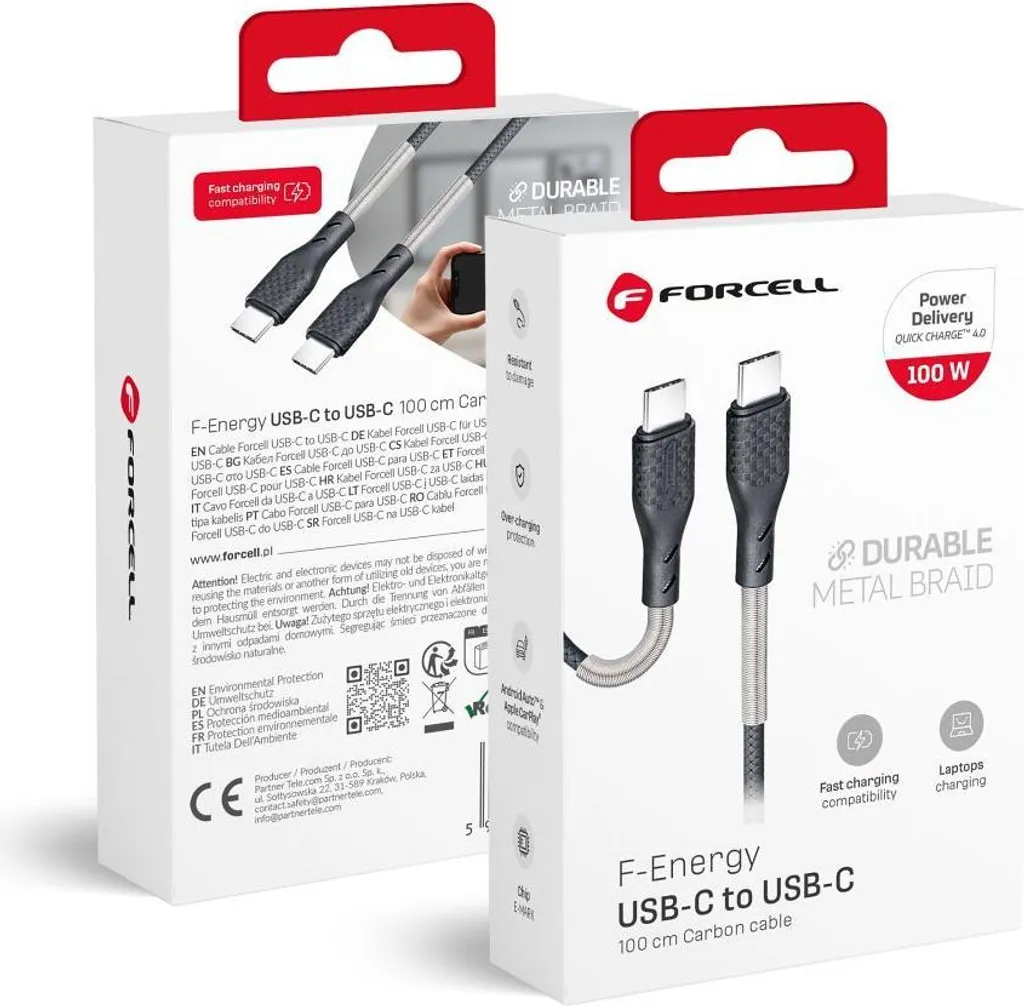 FORCELL Cavo al carbonio da tipo C a tipo C 4.0 QC Power Delivery PD 100W CB-04C nero 1 metro