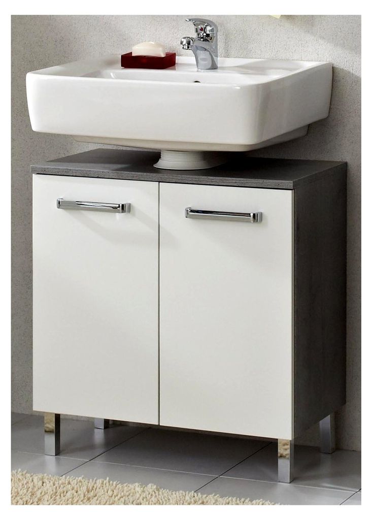 Waschbeckenunterschrank Quickset 913 in Weiß Glanz/Betonoptik, 60 cm breit | Waschbeckenschrank ohne Waschbecken mit 2 Türen