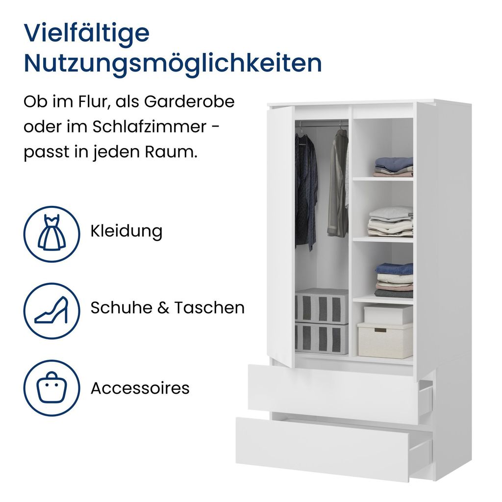 Kleiderschrank Schrank weiß 180cm Höhe 90cm Breite mit 2