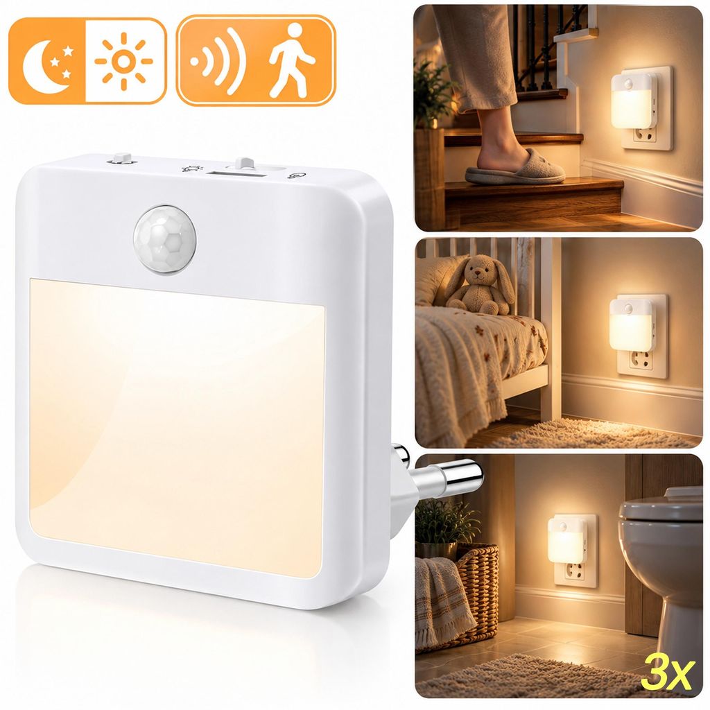 3 sztuki lampki nocnej LED z wtyczką, z czujnikiem ruchu, Zdjęcie produktu 